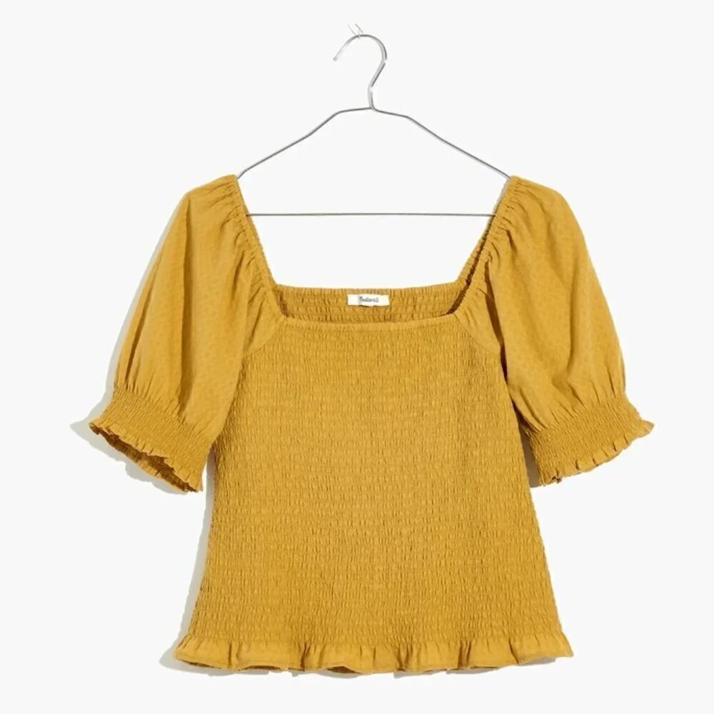 Madewell Yellow Lucie Puff-Sleeve Smocked Bodice Short Sleeve Top Size Small